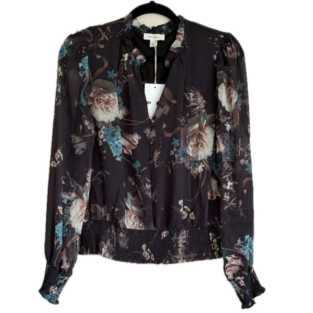 Tamara Black & Pink Floral Print Long Sleeve Blouse with Notched Collar SZ.M